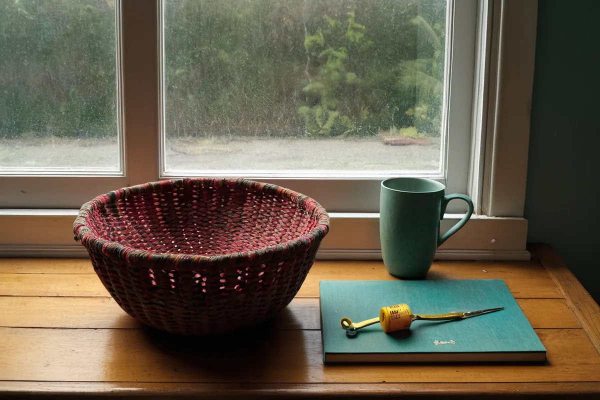 An inviting reading table with household notebooks, a pencil cup, and tea