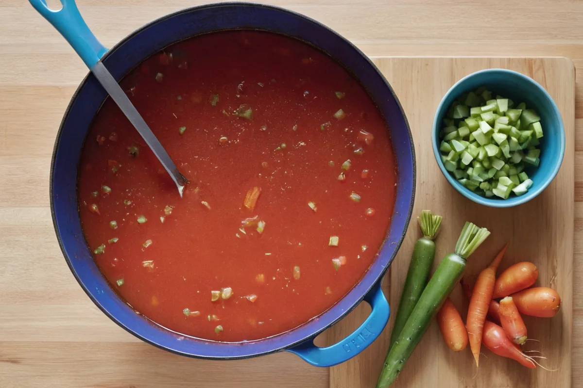 A familiar tomato and vegetable soup simmering in a home kitchen