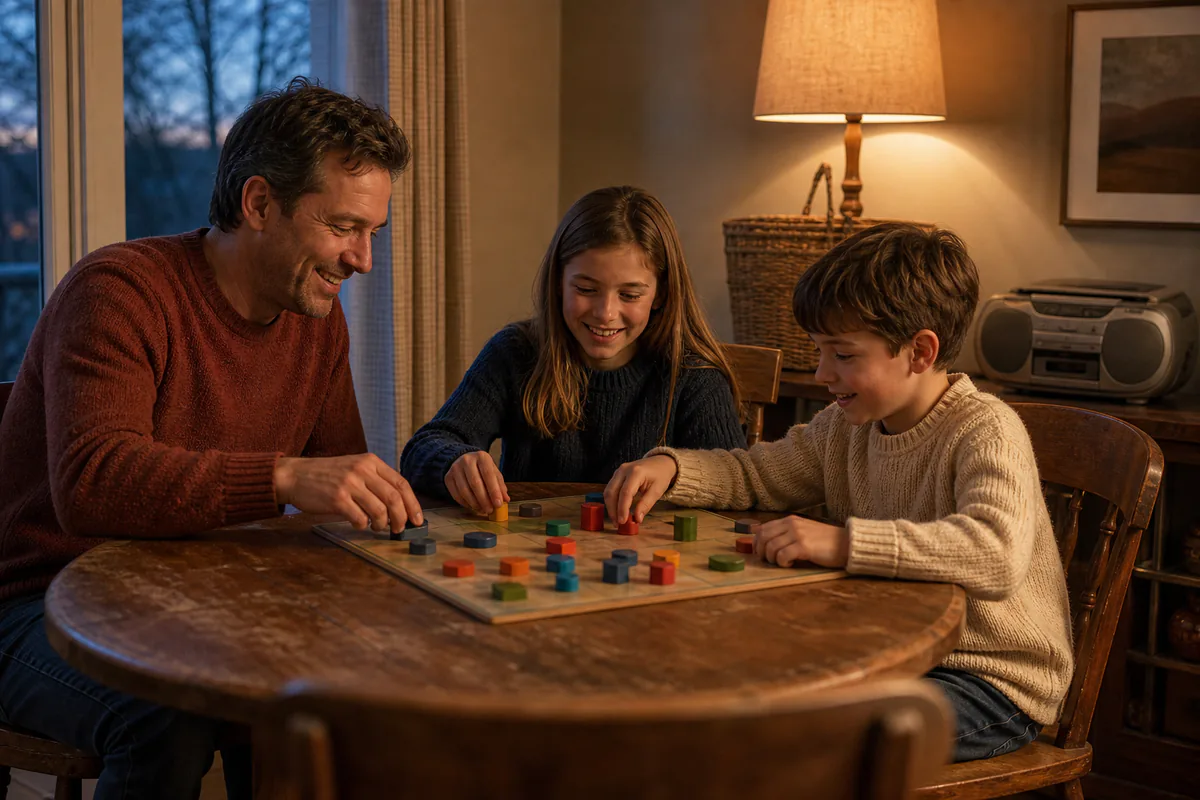 A parent and two children laughing over a board game at the dining table
