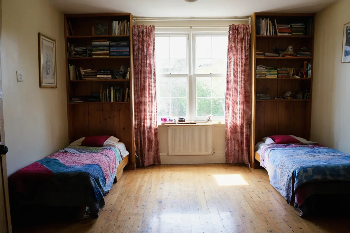 A shared children’s bedroom with distinct personal shelves and a common play rug