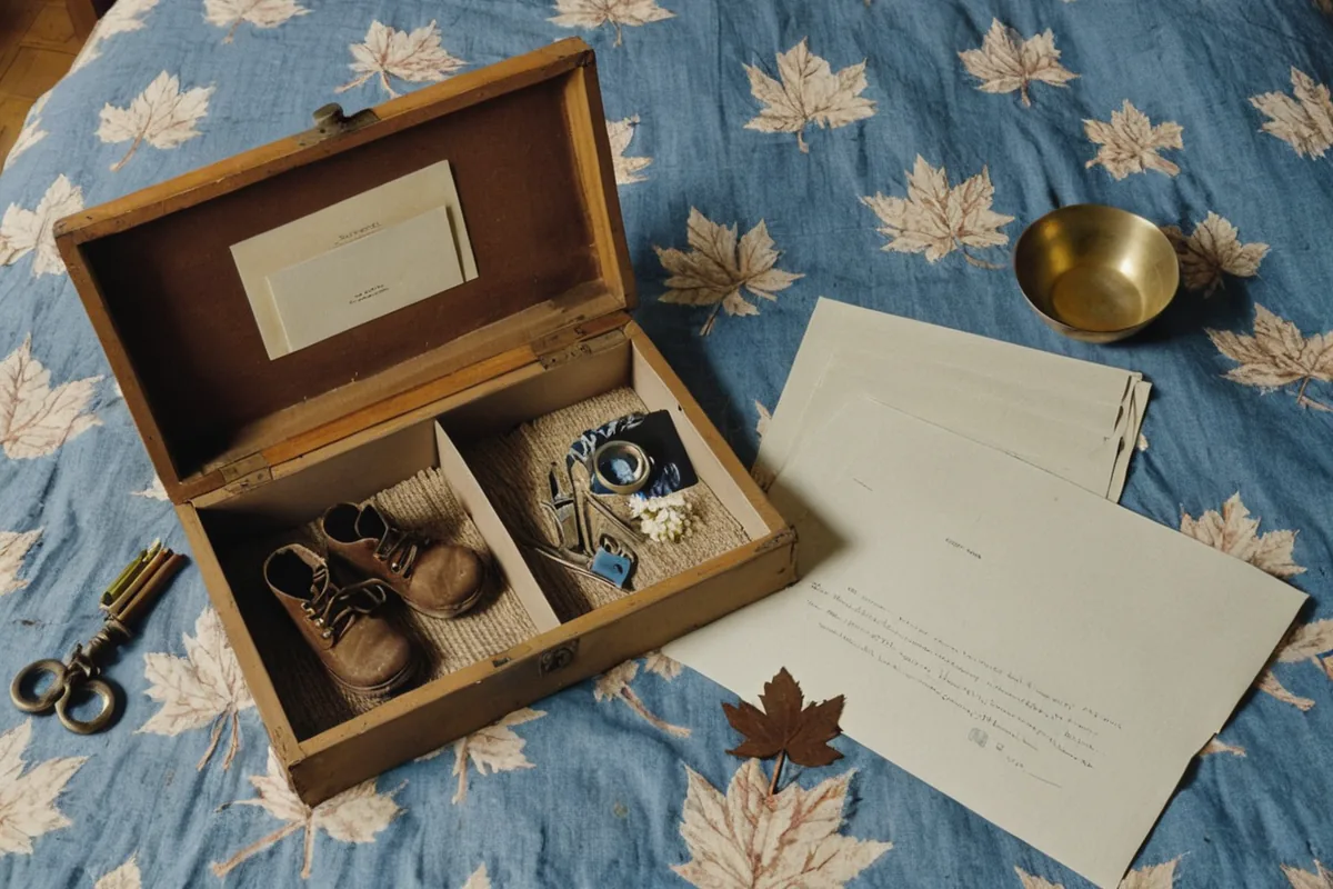 A lidded memory box with envelopes, a ribbon, and small family keepsakes