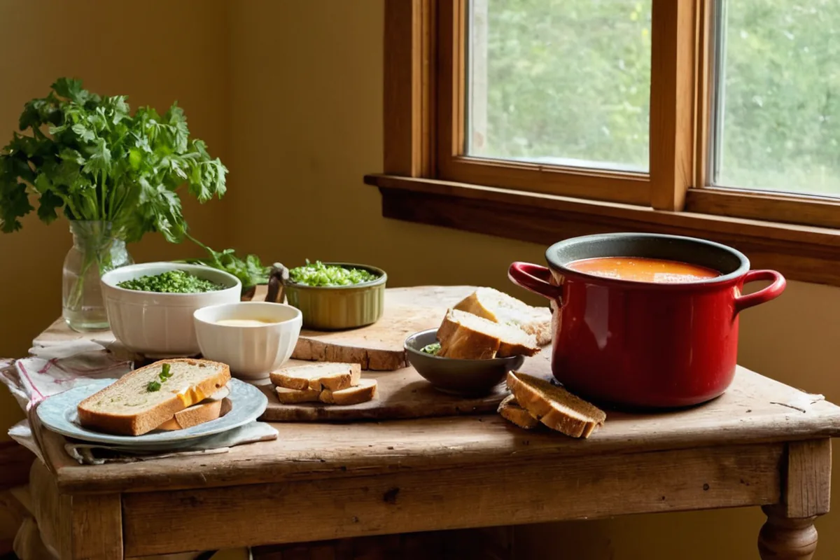 Bowls of simple soup toppings arranged beside a pot of vegetable soup