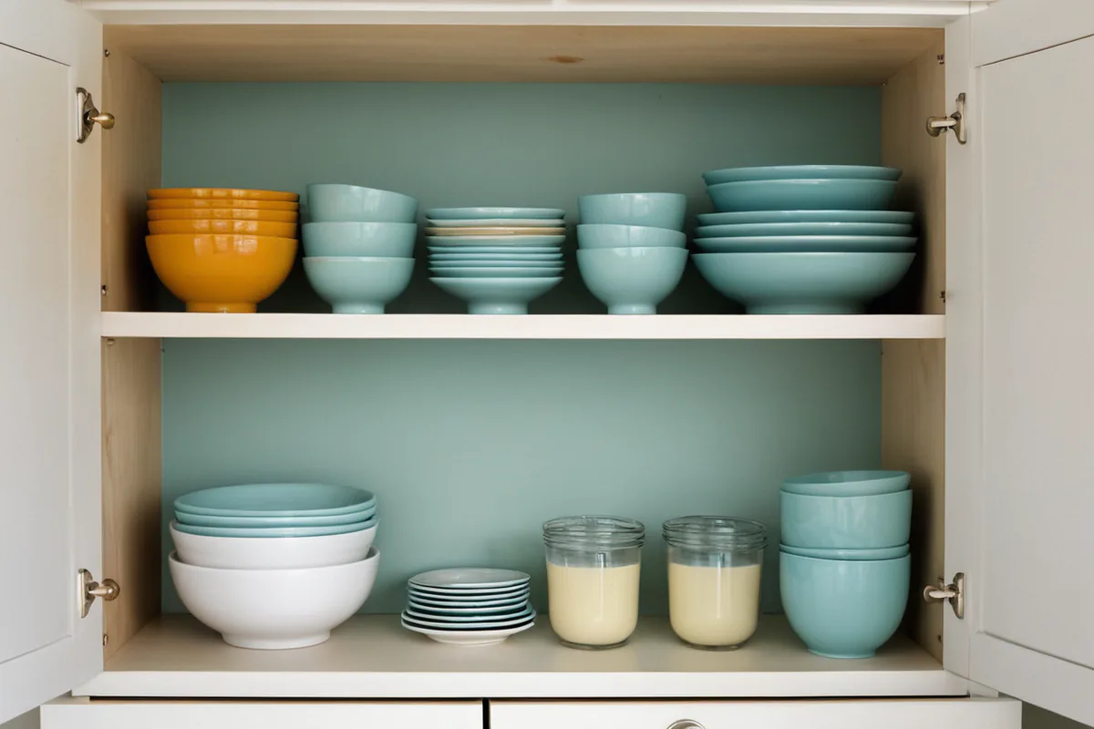 A reachable breakfast shelf with bowls, oats, fruit, and folded napkins