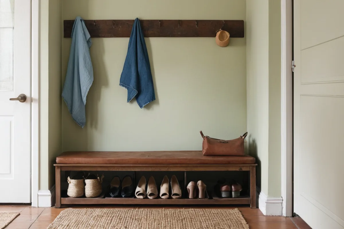 A narrow family hallway with reachable hooks, a bench, and clear floor space