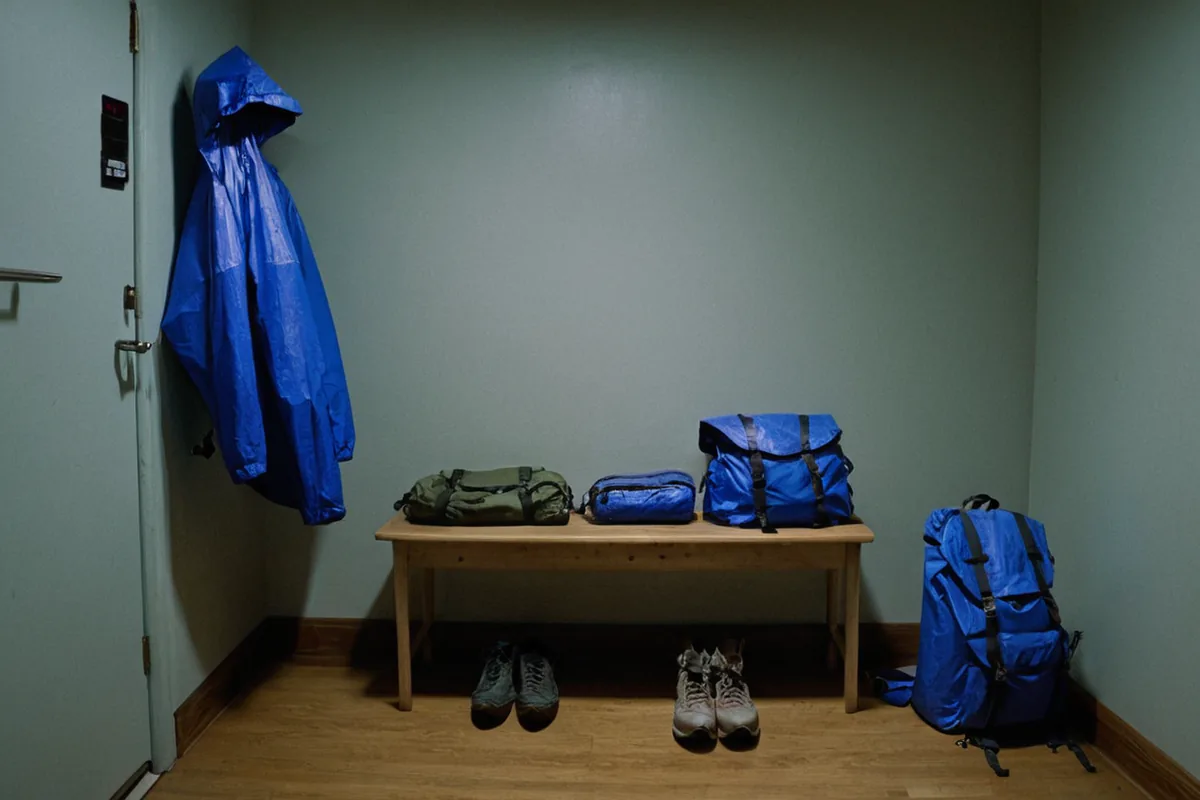 Bags, shoes, and clothes prepared by the door for a calmer morning