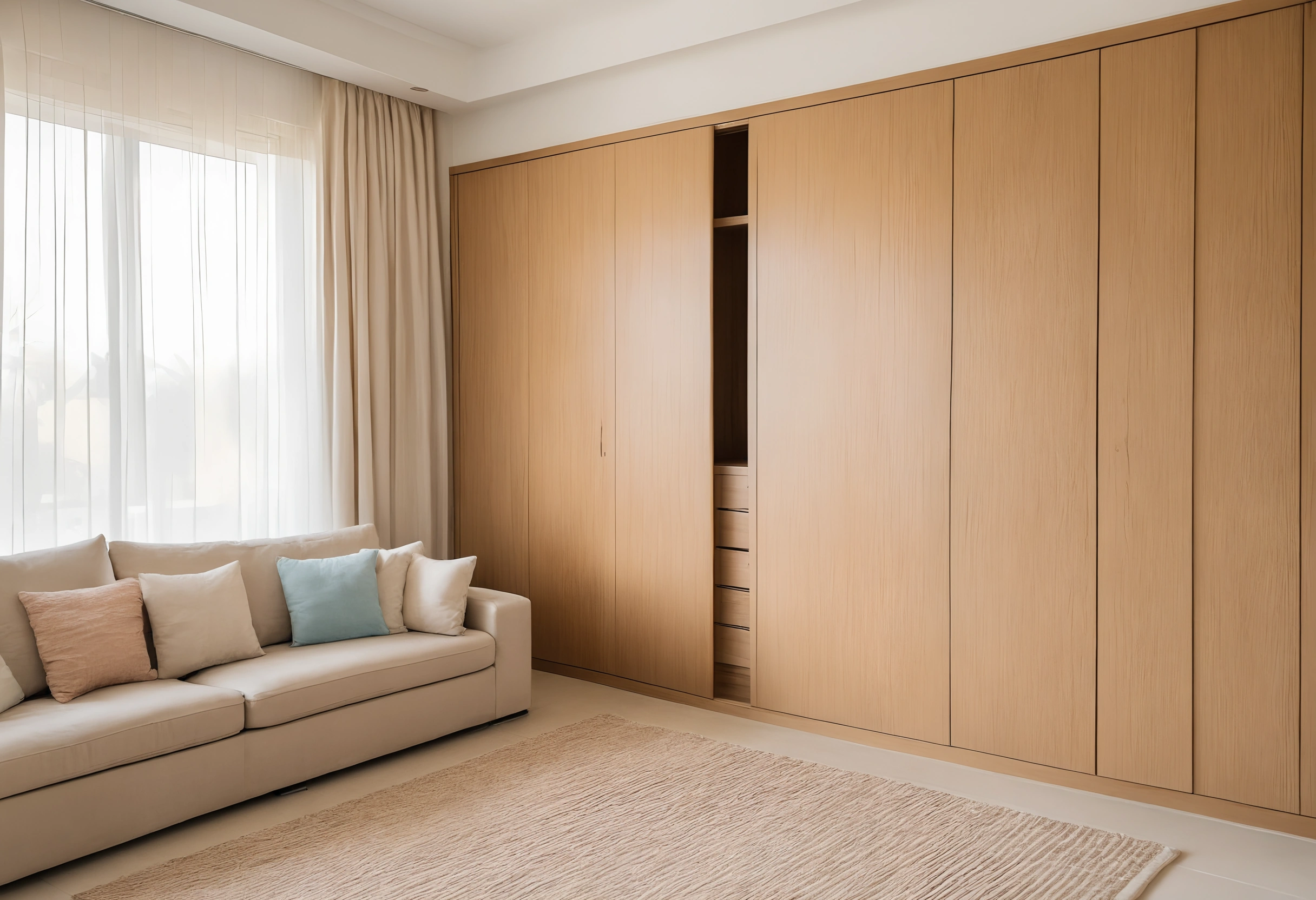Villa family room with a full-height built-in oak storage wall, a sofa with pastel cushions and a pale rug