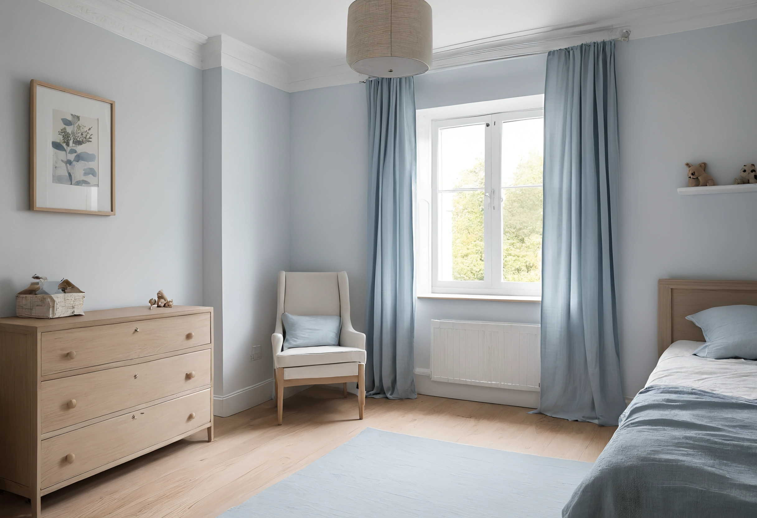 Children's bedroom in a villa with a wooden chest of drawers against the wall, an armchair and a window with blue curtains