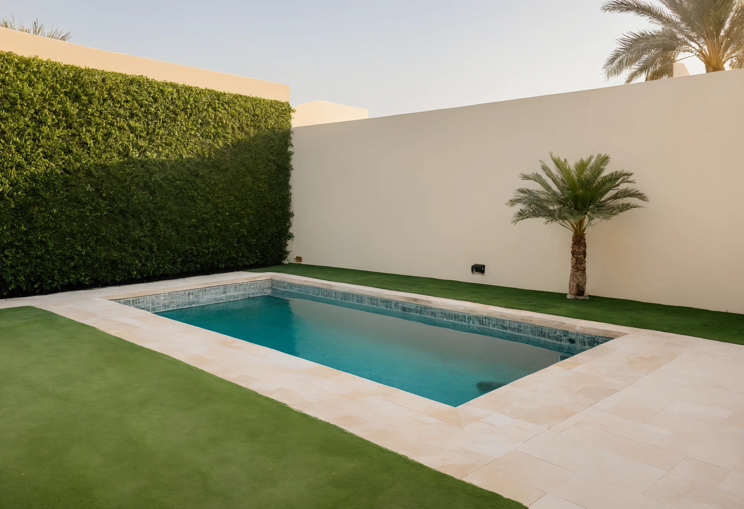 Small villa garden pool with stone coping and lawn right up to the edge, with no fence around it