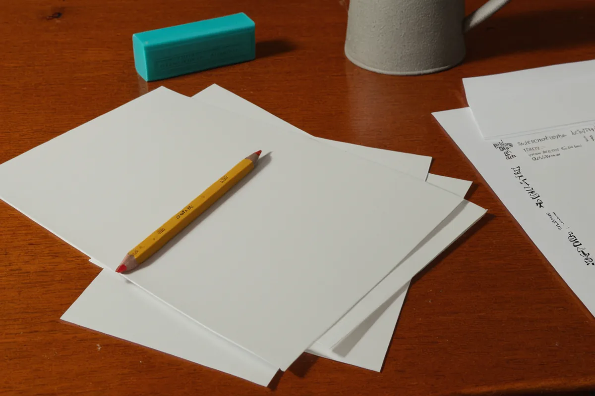 An editor’s desk with draft pages, colored tabs, and a red pencil