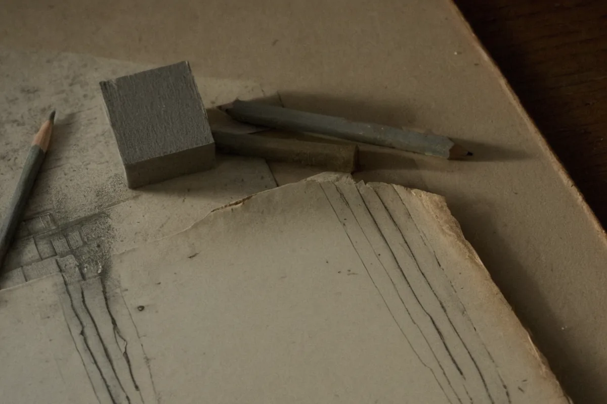 A corrected paper draft beside an eraser, pencil sharpener, and archive box