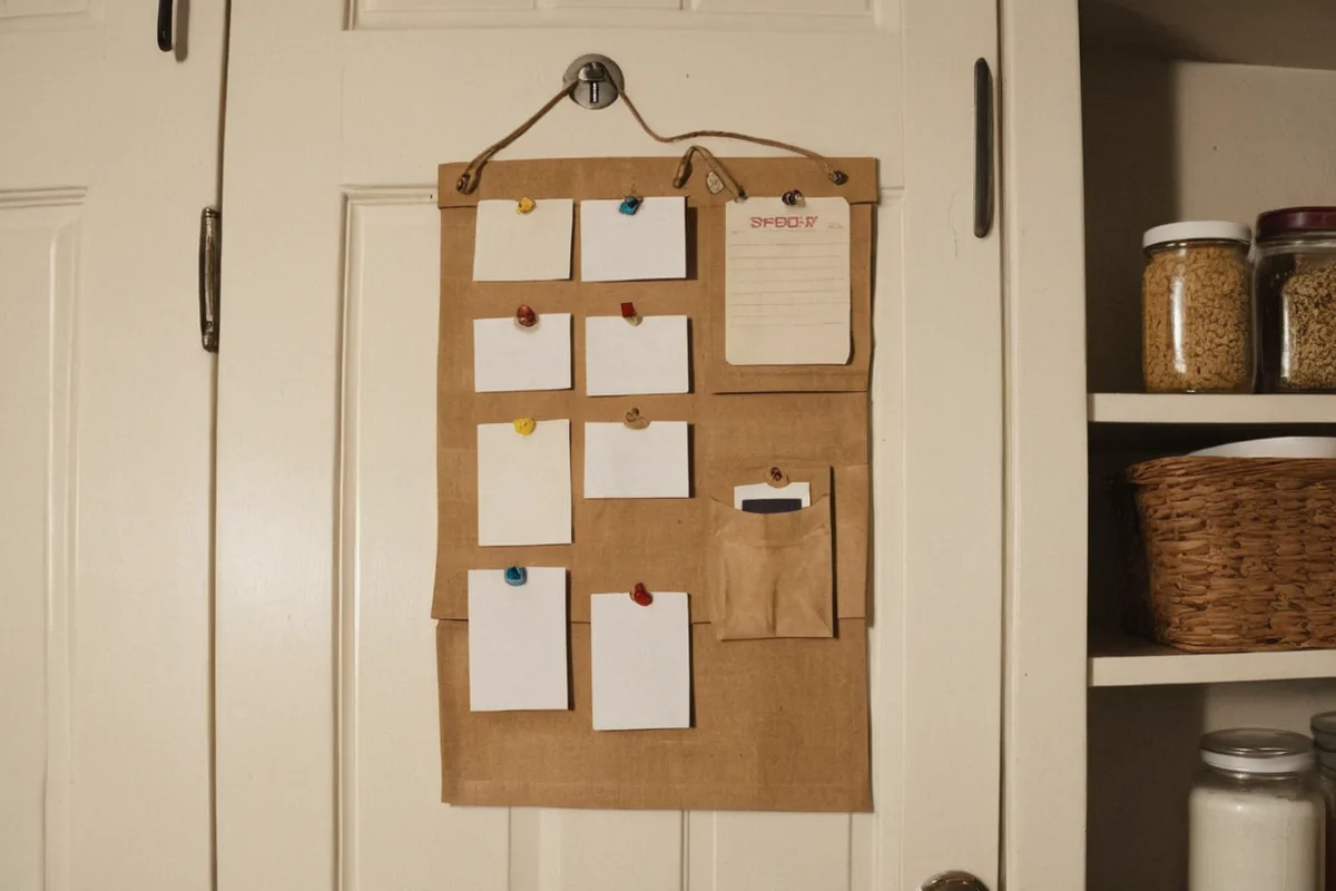 A compact family calendar and action-paper pocket on a busy kitchen wall