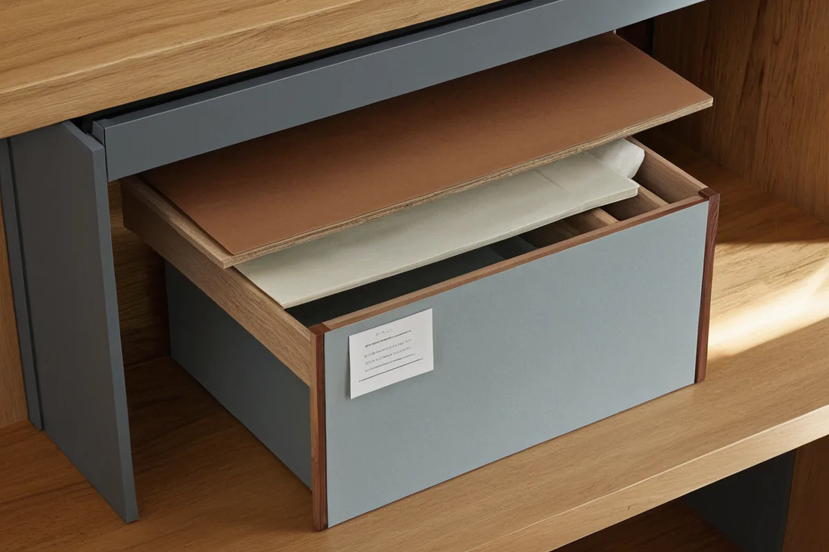 A sturdy archival memory box with plain yearly envelopes on a closet shelf