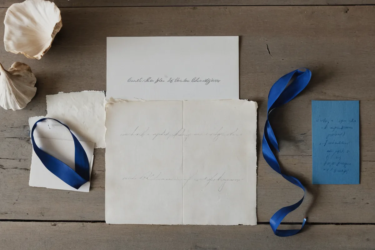 A ticket, child’s drawing, shell, pencil, and blank story cards