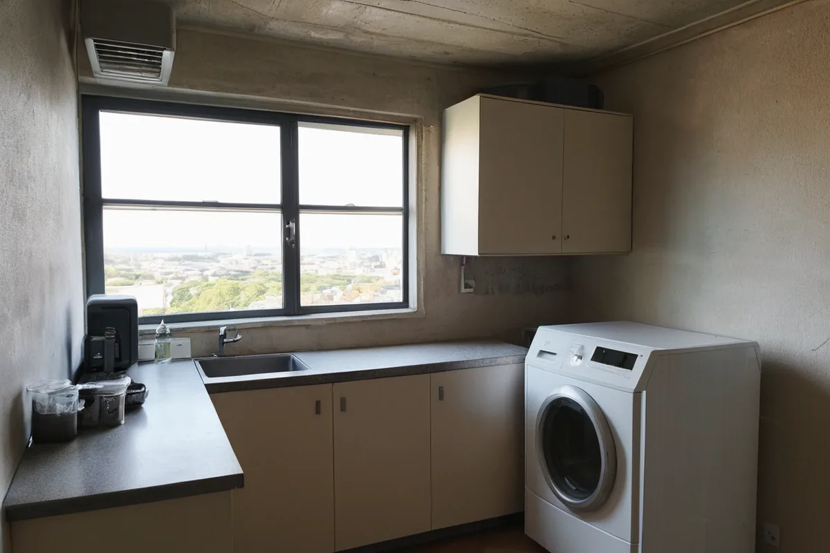 An orderly laundry and charging area with clear vents and undamaged cords