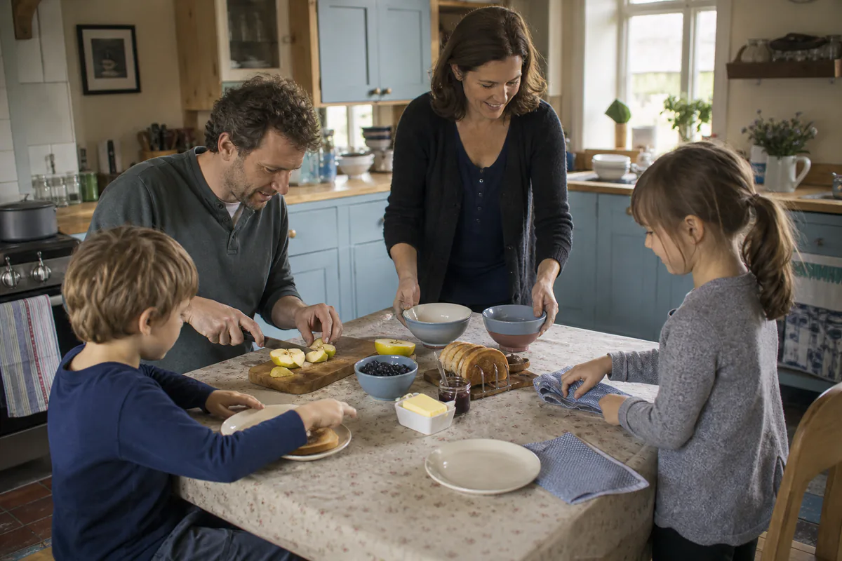 A family preparing a simple breakfast together in a warm kitchen