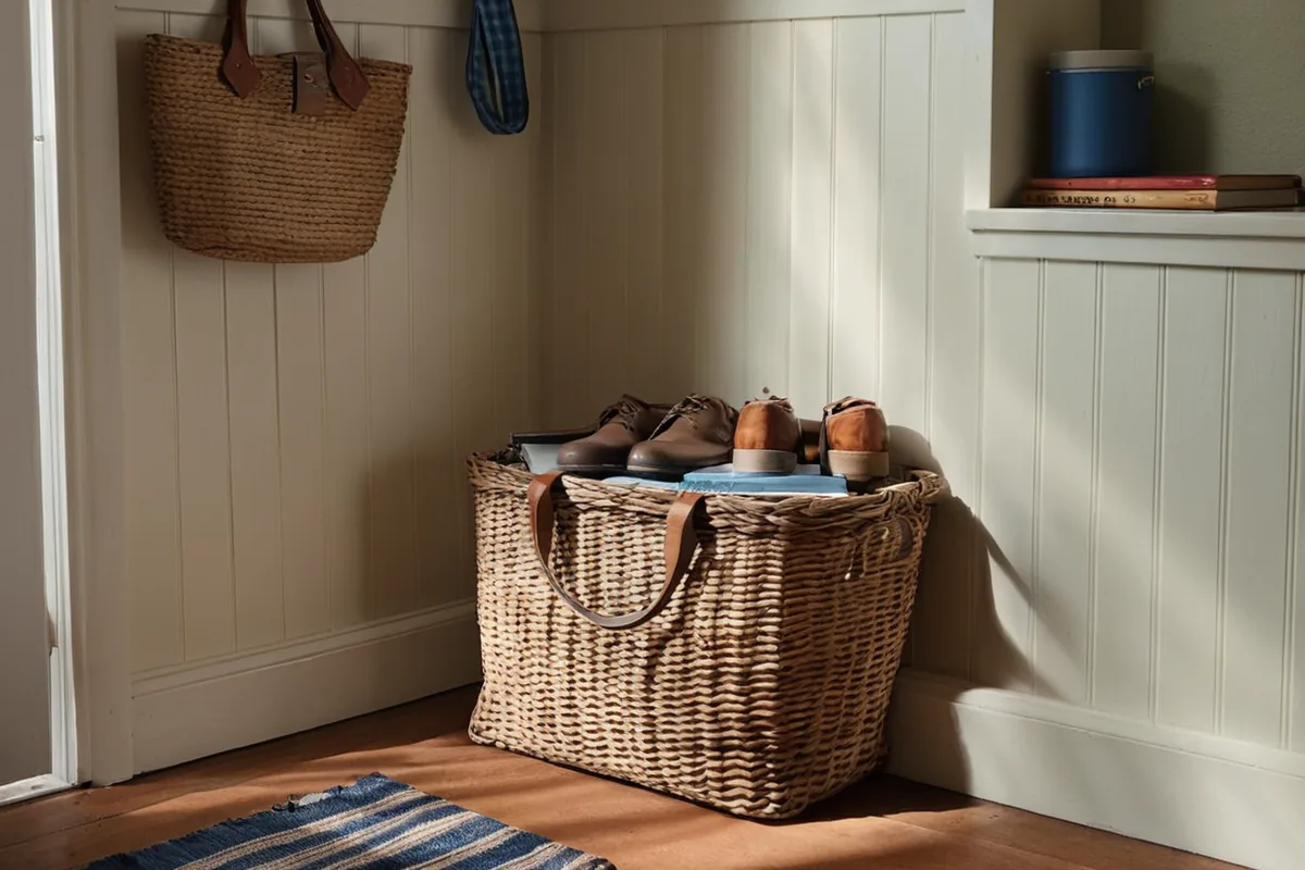 An organized entry table with keys, a canvas bag, and an outgoing basket