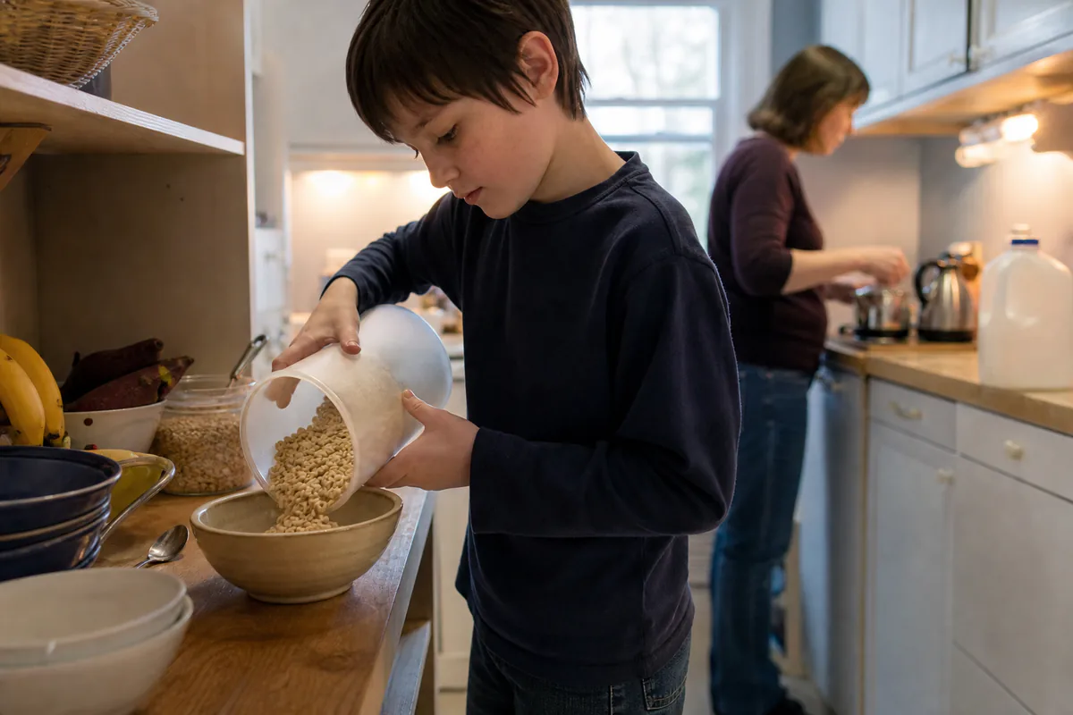 An older child preparing cereal at a reachable breakfast station while a parent makes tea