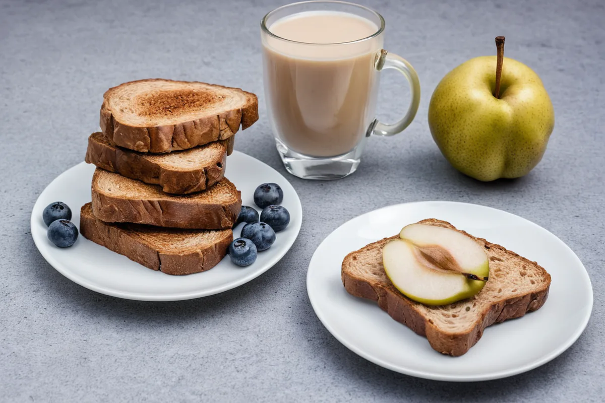 Two simple breakfast choices: oatmeal with fruit and toast with yogurt