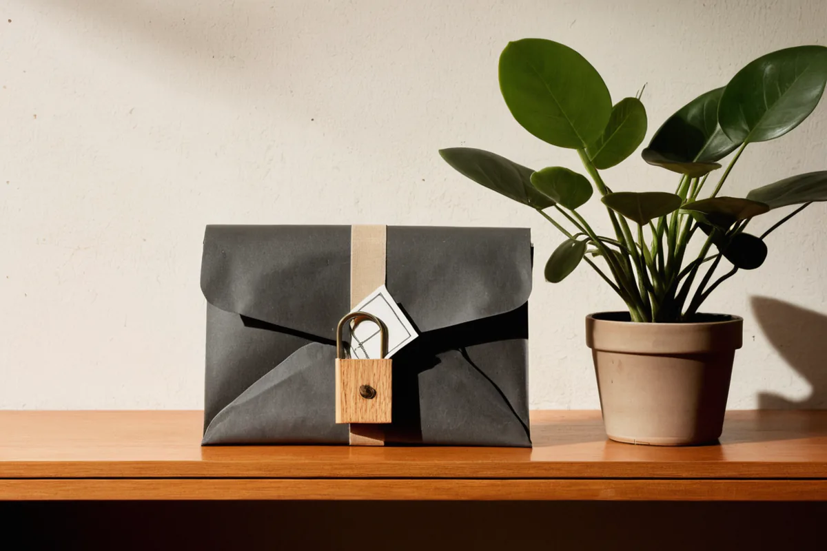 A small closed lockbox, key, and blank envelope on a wooden shelf