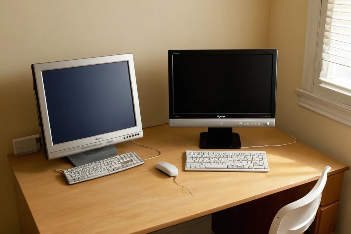 A quiet home computer desk with a blank screen and an unplugged webcam