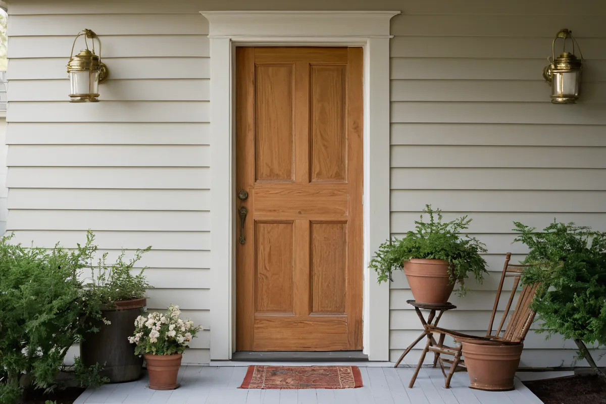 A closed front door with a simple latch and empty mail shelf