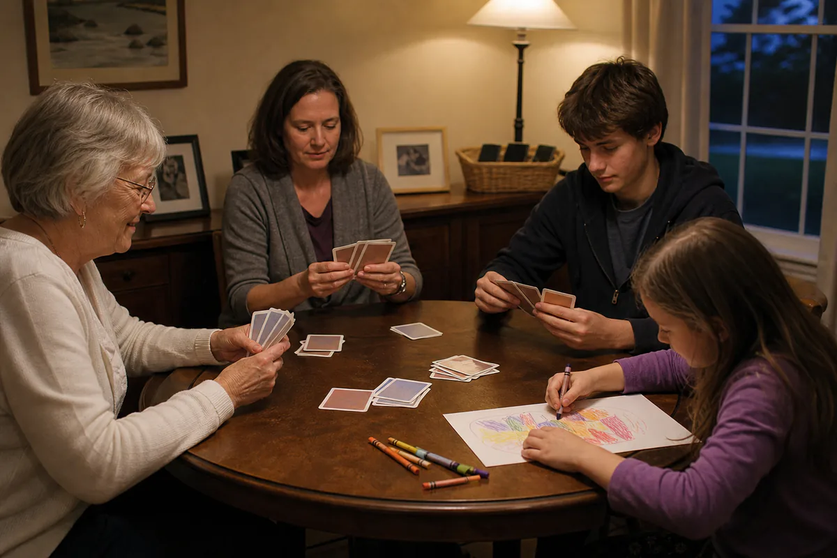 A multigenerational family enjoying cards and drawing together without screens