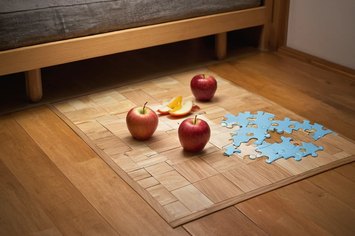 Walking shoes, a wooden puzzle, and lunch containers arranged as three evening choices