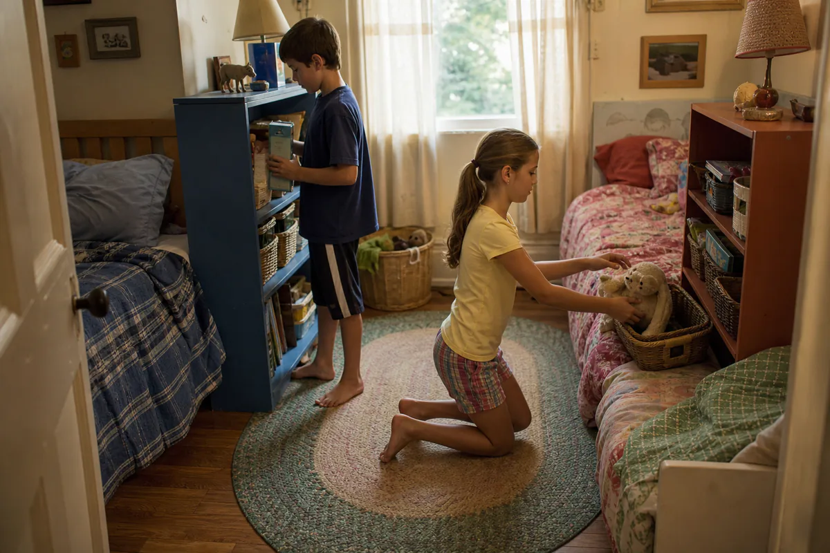 Two siblings arranging their own shelves in a shared bedroom