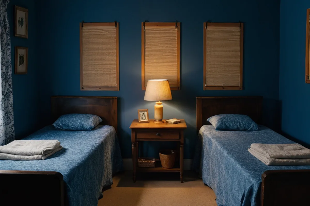 Two separate bedtime baskets and shaded reading lights in a shared bedroom