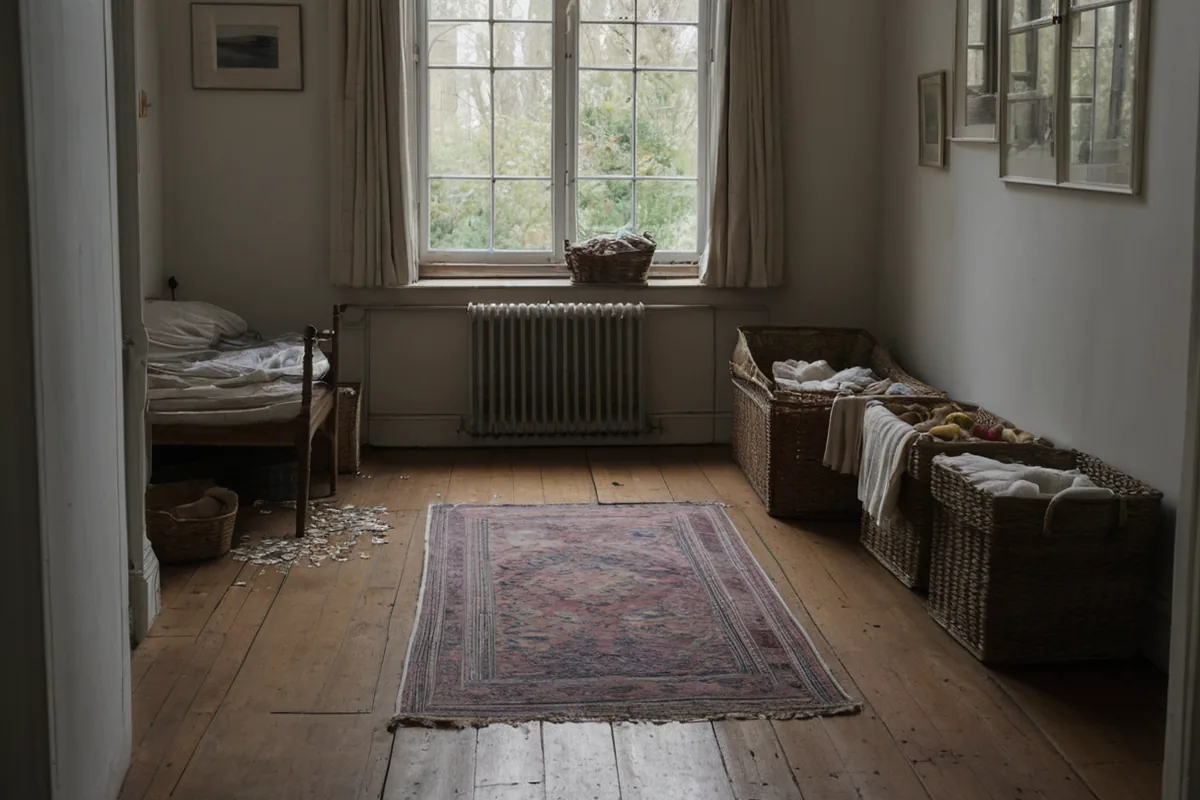 Broad toy bins, a low bookcase, and a clear shared-bedroom floor