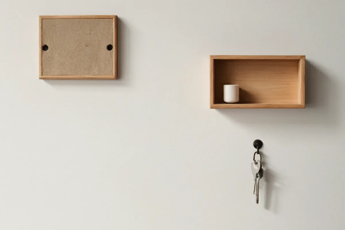 A shallow tray, bag hook, and outgoing-book basket beside a small entry door