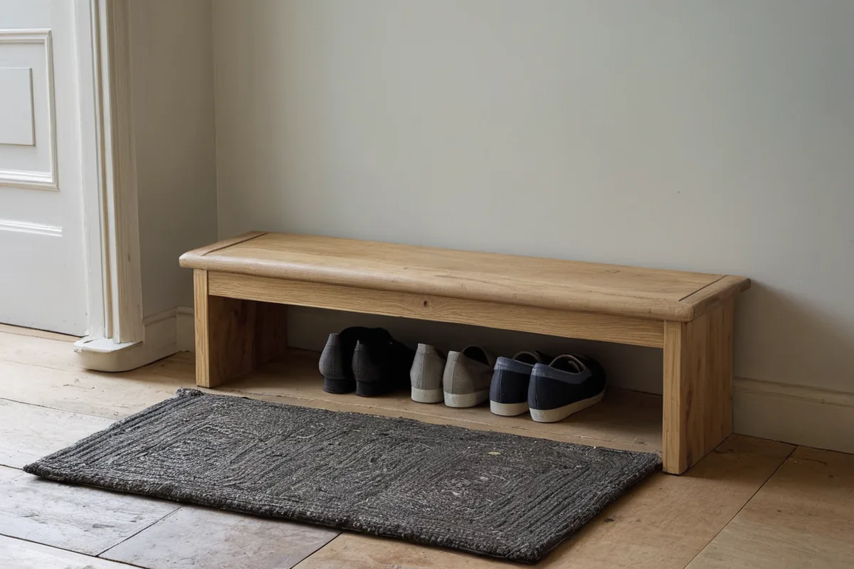 A low shoe rack and washable mat leaving a clear patch of entryway floor