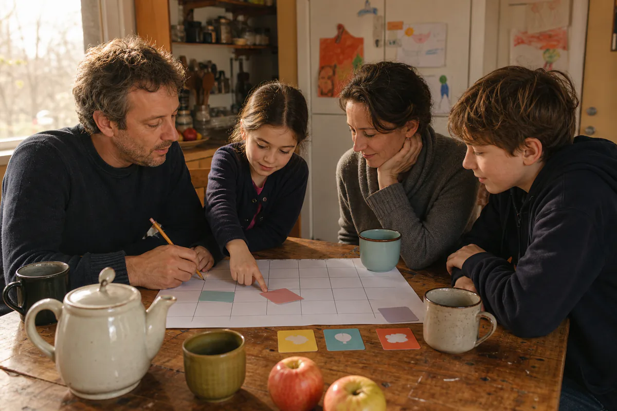 A family reviewing the week together over tea at the kitchen table