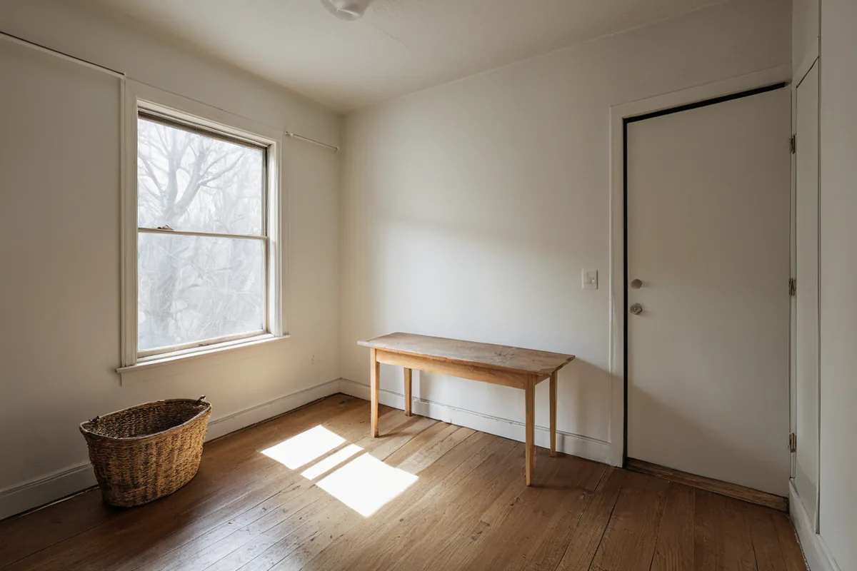 A clear kitchen table, entry bench, and living-room surface after a short reset