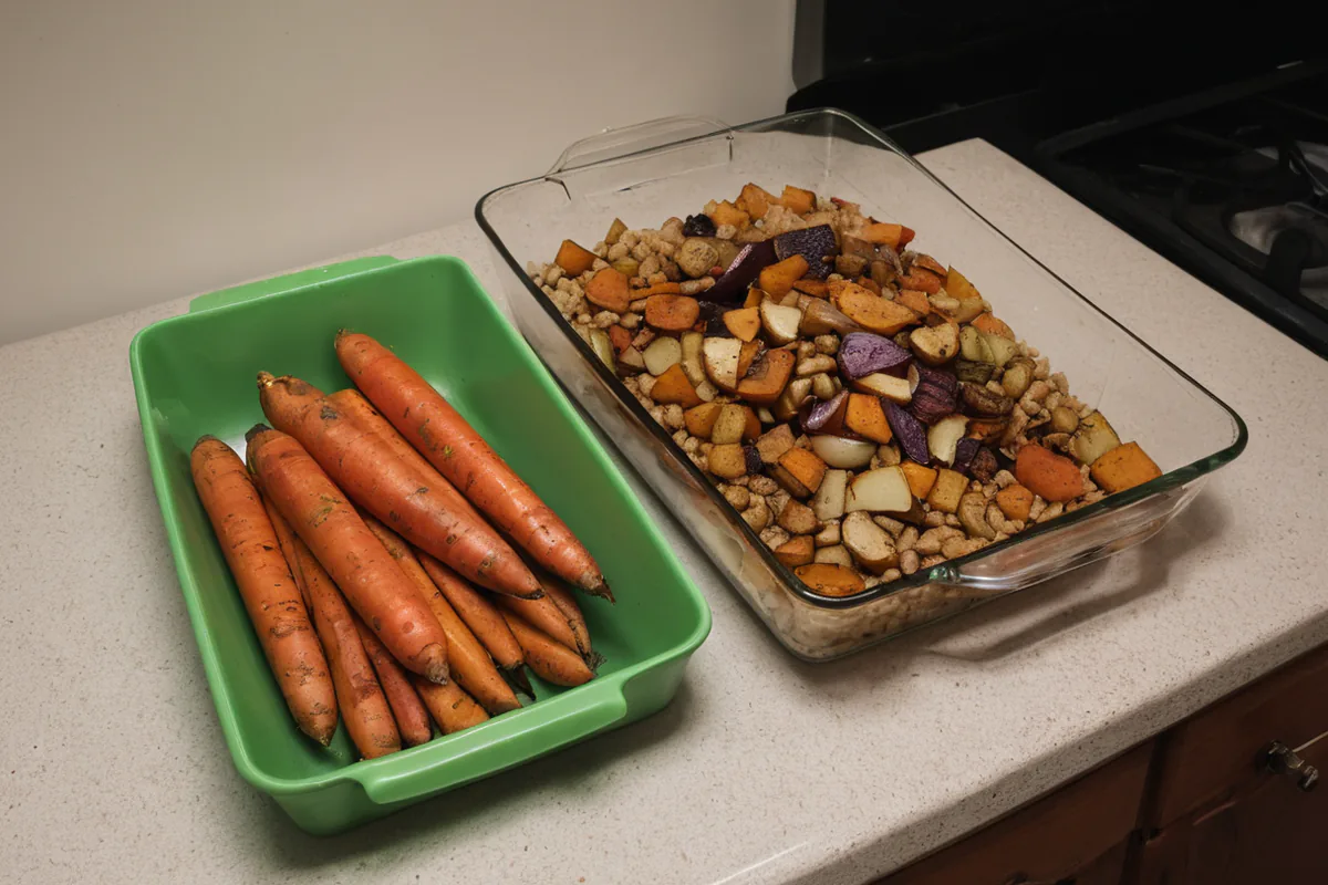 Roasted vegetables divided between dinner, lunch, and a freezer backup