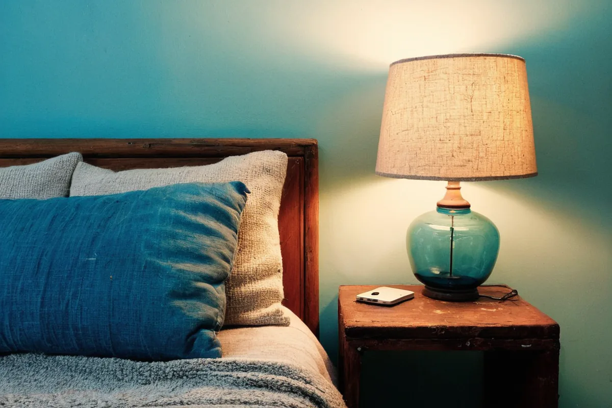 A bedside lamp, accessible outlet, folded towel, water, and spare blanket