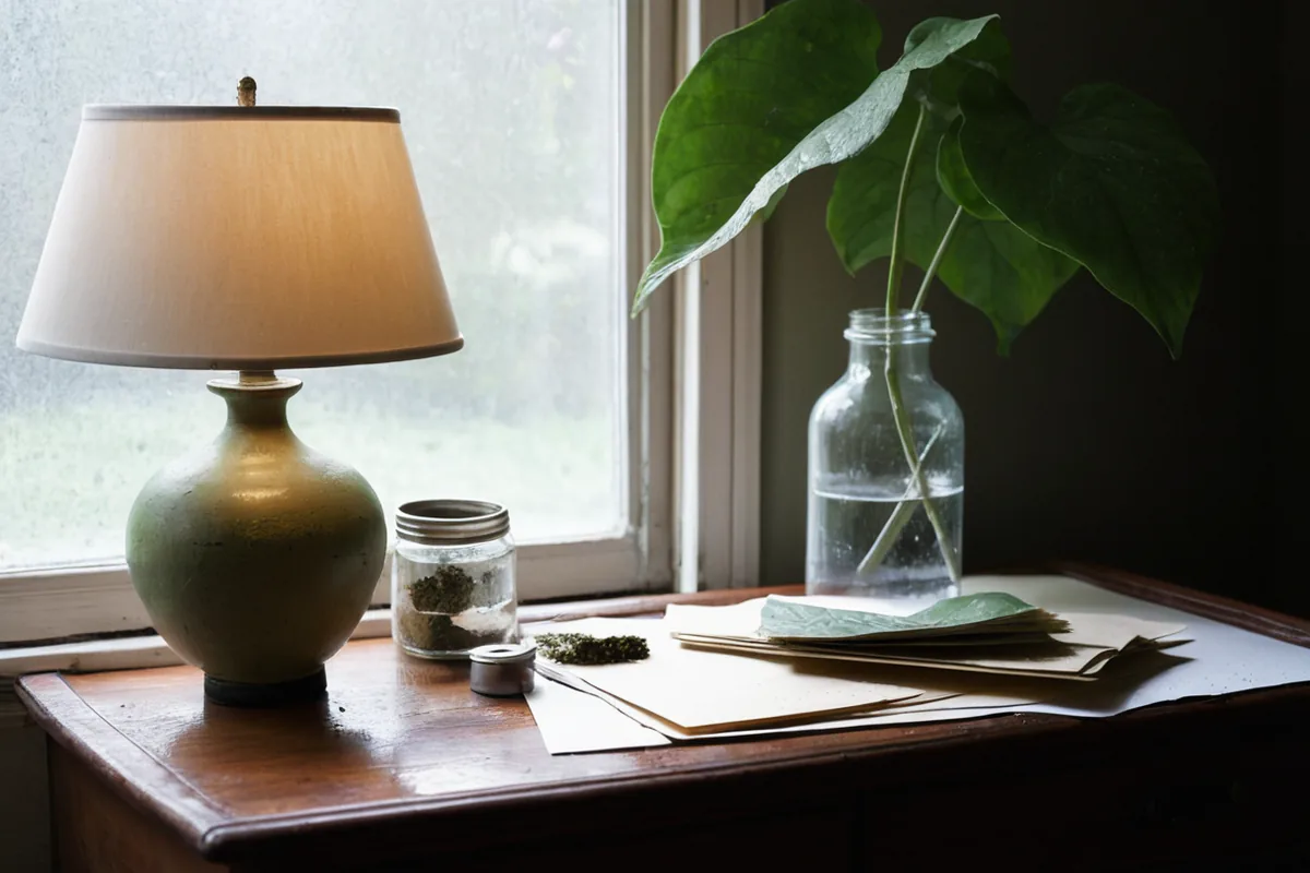 A small guest welcome with a paperback, snack, and garden-leaf vase